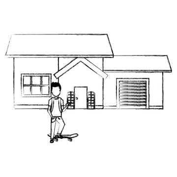 young man with skateboard outside the house vector illustration design