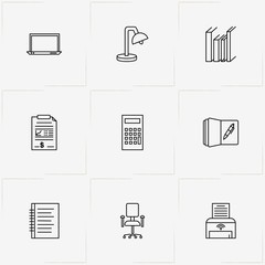 Office line icon set with note book, calculator and laptop