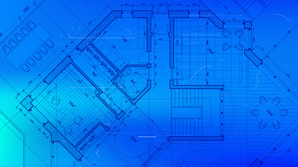 architectural blueprint - the architectural plan of a modern residential building with the layout of the interiors of different rooms, elements of furniture & equipment on a  technological background
