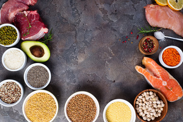 Frame of Healthy food Clean eating selection Including Certain Protein Prevents Cancer on a dark stone backgound