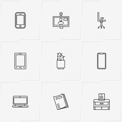 Office line icon set with cactus in pot , badge and smart phone