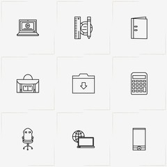 Office line icon set with file folder, office chair  and smart phone