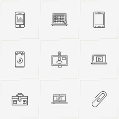 Office line icon set with badge, case and smart phone