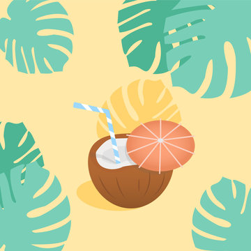 Coconut cocktail with small umbrella, hibiscus flowers and palm leaves banner. Place for your text. Invitation, banner, card, poster, flyer. Summer vibes