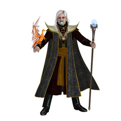 Obraz premium Magic Wizard on White - A magical wizard holds his golden winged pet dragon and his sorcerer staff to execute spells.
