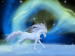 Mystic Unicorn - A white magical unicorn stallion gallops across a universe of an aurora nebula with an array of stars. © Catmando