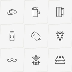 Oktoberfest line icon set with lobster, mustache and mill