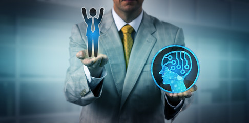 Manager Raising One Cheering Male Worker Above AI