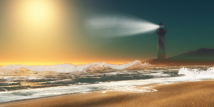Lighthouse Beach - Twilight overtakes a seashore as a nearby lighthouse lights up the sky with a powerful beam to warn sailors.