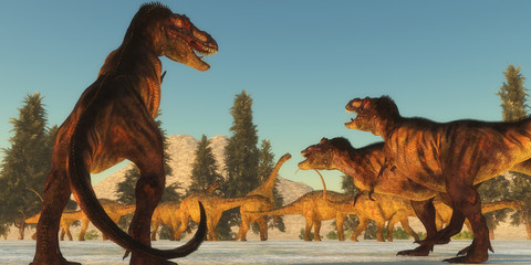 Naklejka premium Atak Tyrannosaurus - Stado Tyrannosaurus rex planuje atak na stado dinozaurów Uberabatitan i szuka najsłabszego członka.