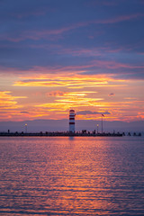 Lighthouse in Podersdorf am See at winter sunset, lake Neusiedler See, Burgenland, Austria