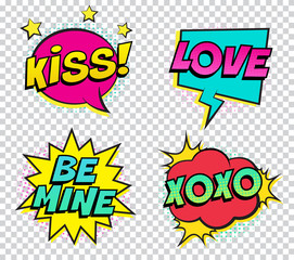 Retro colorful comic speech bubbles set for Valentine's Day. Isolated on trasparent background. Expression text KISS, LOVE, BE MINE, XOXO. Vector illustration, pop art style.