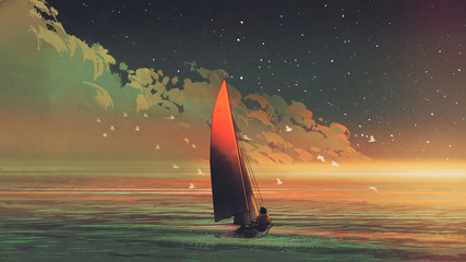 zeilboot in de zee met het avondzonlicht, digitale kunststijl, illustratie schilderij