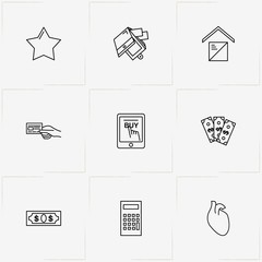 Online Shopping line icon set with star, calculator and credit card