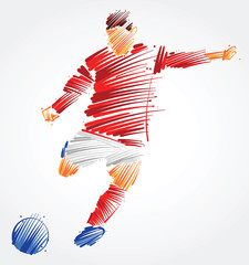 Soccer player kicking the ball made of colorful brushstrokes on light background