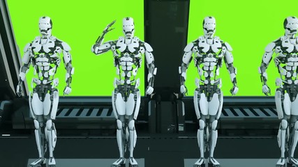 Robots soldiers on a spaceship salute against the background of green screen. A futuristic concept of a UFO. Loopable Background.