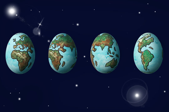 The World painted on eggs showing rotation cycle of the Planet Earth on isolated outer space dark blue background