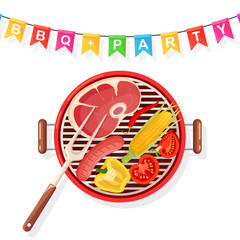 Portable round barbecue with grill sausage, beef steak, fried meat vegetables isolated on background. BBQ device for picnic, family party. Barbeque icon. Cookout event concept Vector flat illustration