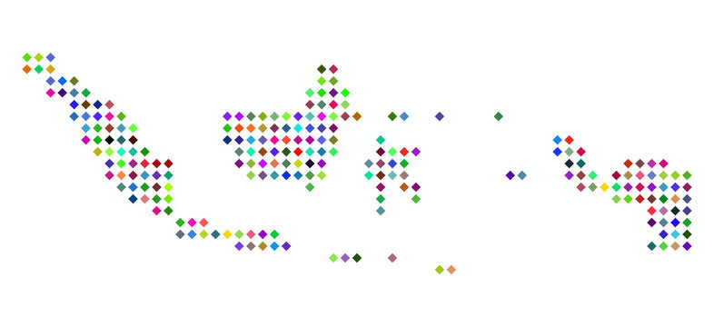 Multi colored dot Indonesia map. Vector concept of Indonesia map designed of rhombus elements grid. Abstract geographic pixelated scheme in variable colors.