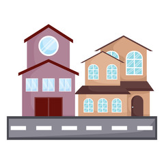 modern houses and street over white background, colorful design. vector illustration