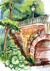 Bridge over the ravine in the park, watercolor sketch. City landscape of Moscow, Neskuchny garden.