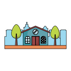 house and trees over landscape and white background, colorful design. vector illustration