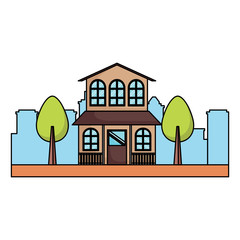 Landscape with modern house and street over white background, colorful design. vector illustration