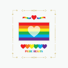 Frame rainbow pride flag with white heart at center and pride hearts colorful emblems © Pelikanz