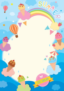 Illustration vector of summer background design with ice-cream cone various flavors on clouds and rainbow in sky. © tharnthip