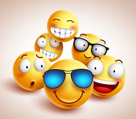Smiley face emoticons vector characters with funny group of cool friends of yellow smileys in different facial expressions. Vector illustration.
