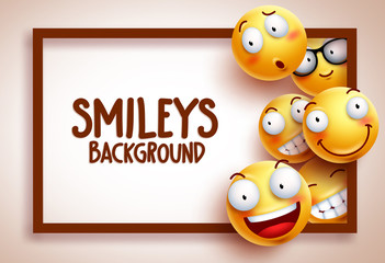 Smileys vector background template with funny yellow emoticons in different happy facial expression and empty blank space for text. Vector illustration.
