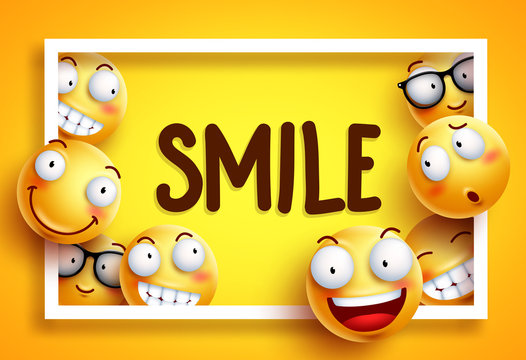 Smileys vector background with smile text and yellow funny smileys with happy and cheerful facial expressions in white frame background. Vector illustration.
