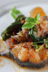 Spicy Fried Catfish with basil food in thai