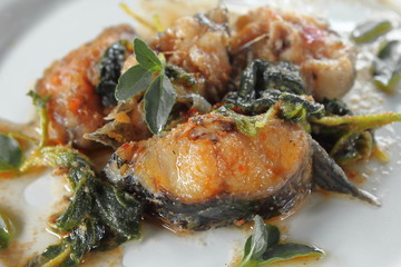 Spicy Fried Catfish with basil food in thai