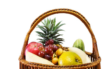 Fruit background,together,orange,apple,grape,mango,myanma grape,pine apple,cucumber,many fresh fruits mixed in bambooon basket