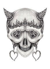 Art Surreal Devil Skull Tattoo. Hand pencil drawing on paper.