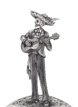 Art Skull playing Guitar Day of the dead. Hand pencil drawing on paper.