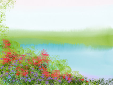 Colorful hand drawn abstract view of field with flowers on watercolor background as lake with trees, cartoon illustration of summer landscape view painted by watercolor and pastel chalk, high quality © L