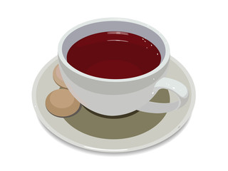 cup of tea on plate with cookies on white background