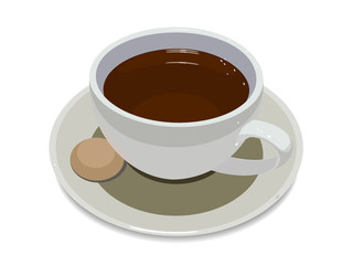 cup of coffee on plate with a cookie on a white background