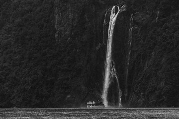 A stunning scene when a ferry cruising to a waterfall at Milford Sound, New Zealand. Black and white with high grain photo effect.