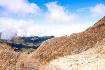 Landscape of Ropeway with mountain and blue sky in Owakudani, Hakone. Japan