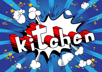 Kitchen - Comic book word on abstract background.