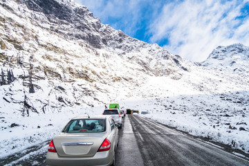 The stunning scenery of a rocky mountain and trees covered with a white snow. A road to Milford Sound. A filmed while driving.