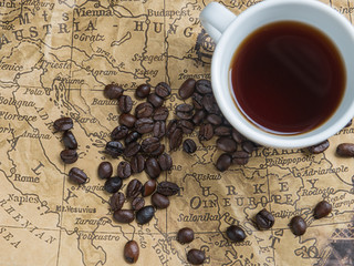 Concept of coffee beans on the map