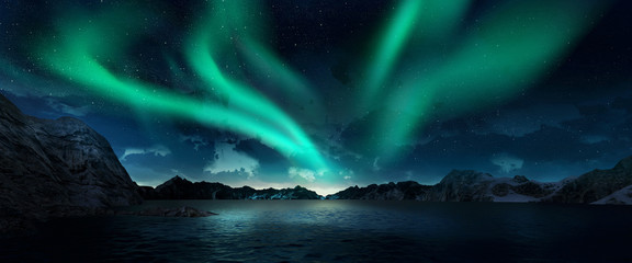 A beautiful green aurora dancing over the hills. 3d render realistic.