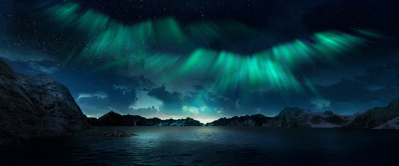 A beautiful green aurora dancing over the hills. 3d render realistic.