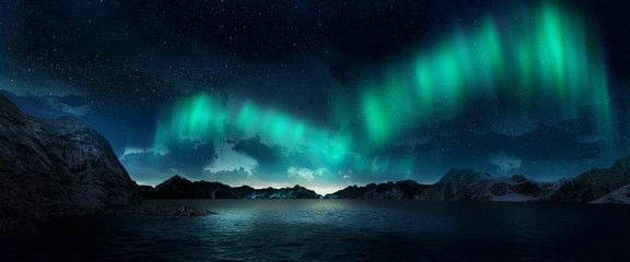 A beautiful green aurora dancing over the hills. 3d render realistic.