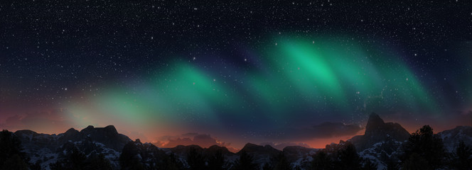 A beautiful green aurora dancing over the hills. 3d render realistic.