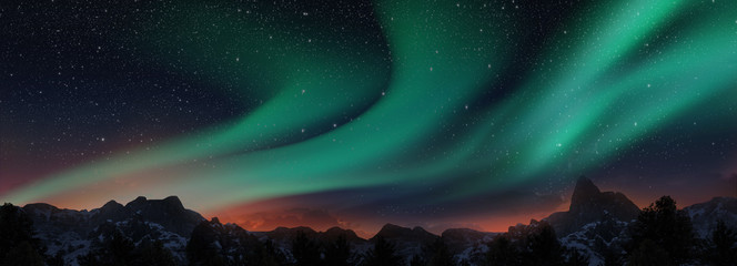 A beautiful green aurora dancing over the hills, panorama view.